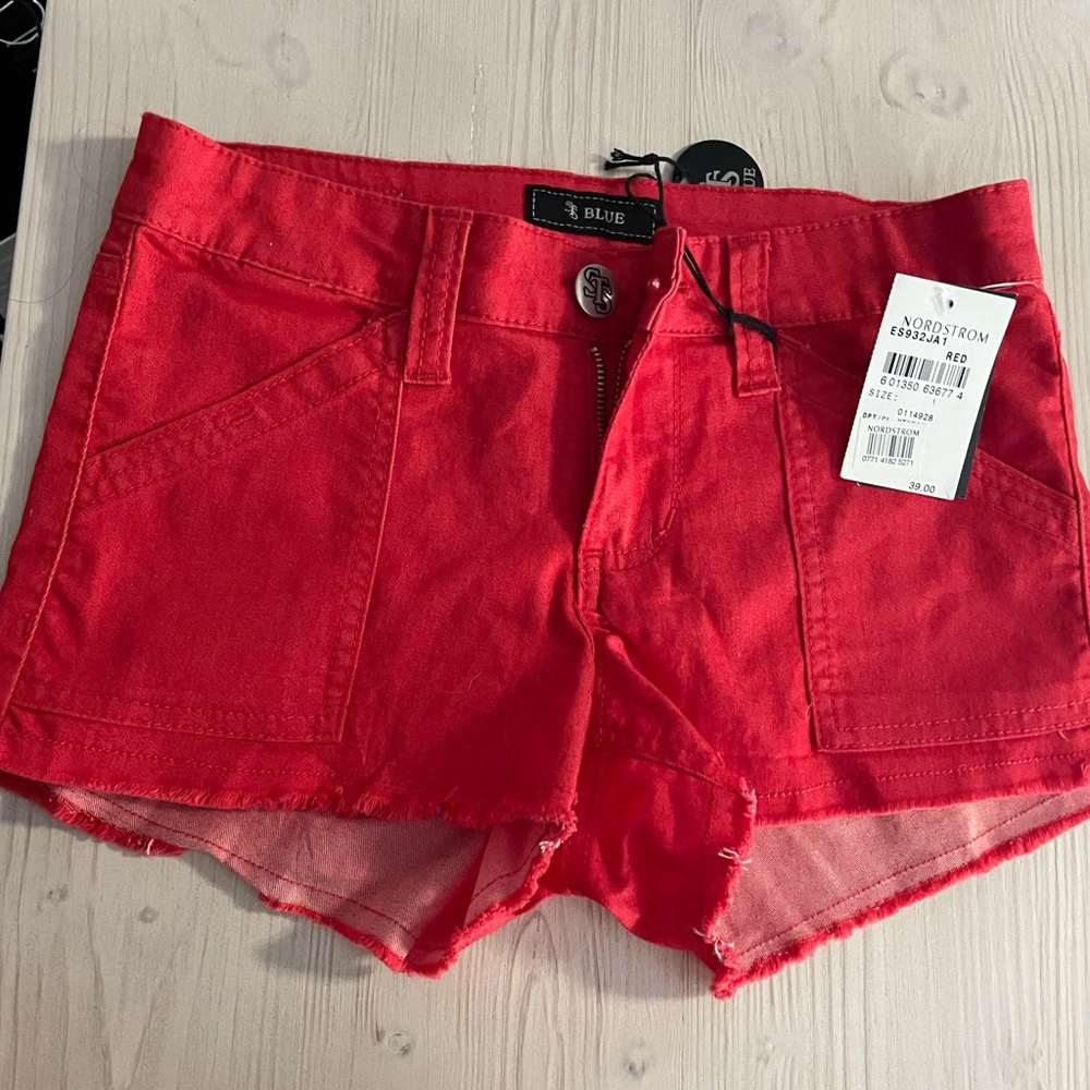 Red denim shorts